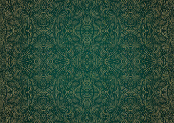 Hand-drawn unique abstract gold ornament on a dark green cold background, with vignette of darker background color and splatters of golden glitter. Paper texture. Digital artwork, A4. (pattern: p03b)