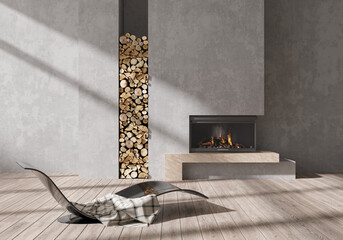 3d rendering. Interior of modern living room with gray walls, wooden floor, fireplace and armchair. 3d illustration