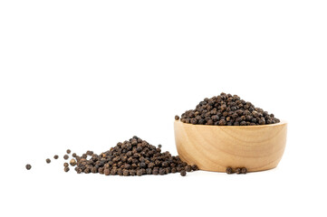 Dried peppercorns are in a wooden cup isolated on white background