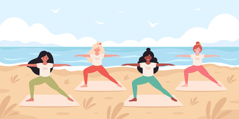 Obraz na płótnie Canvas Women doing yoga on the beach. Hello summer, summer leisure, vacation. Healthy lifestyle, self care, yoga, meditation. Hand drawn vector illustration
