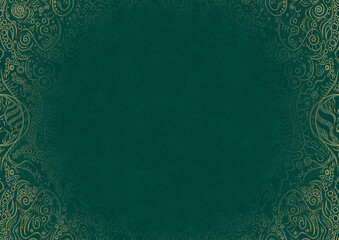 Dark cold green textured paper with vignette of golden hand-drawn pattern. Copy space. Digital artwork, A4. (pattern: p04a)