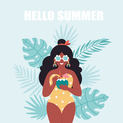 Black woman with summer cocktail on tropical leaves background. Hello summer, vacation, summertime, summer party. Woman in retro swimsuit and retro glasses. Hand drawn vector illustration