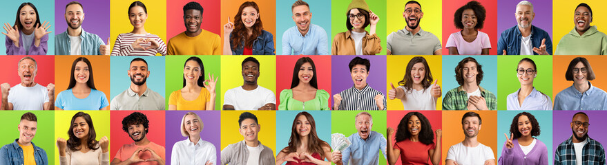 Set Of Optimistic Multiethnic People Portraits Over Colorful Backgrounds