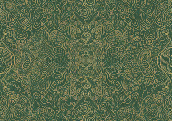 Hand-drawn unique abstract symmetrical seamless gold ornament of golden glitter on a warm green background. Paper texture. Digital artwork, A4. (pattern: p04a)