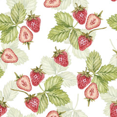 Watercolor seamless pattern with vintage strawberries with berries and leaves. Isolated on white background.