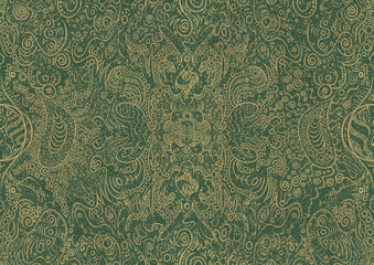 Hand-drawn unique abstract symmetrical seamless gold ornament and splatters of golden glitter on a warm green background. Paper texture. Digital artwork, A4. (pattern: p04a)
