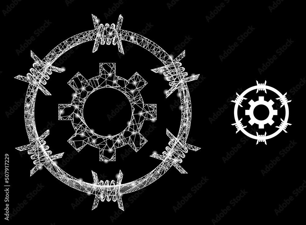 Poster crossing mesh industrial jail wireframe icon with lightspots. illuminated vector model is created fr