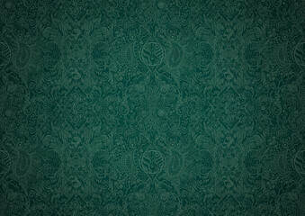 Hand-drawn unique abstract symmetrical seamless ornament. Bright green on a deep cold green with vignette of a darker background color. Paper texture. Digital artwork, A4. (pattern: p04b)