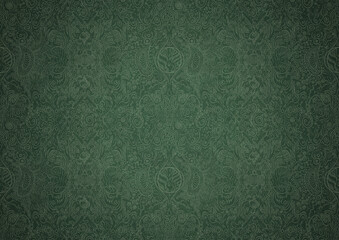 Hand-drawn unique abstract symmetrical seamless ornament. Bright green on a deep warm green with vignette of a darker background color. Paper texture. Digital artwork, A4. (pattern: p04b)