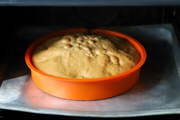 Making apple pie at home. Homemade pastry in silicone cake pan just out of oven