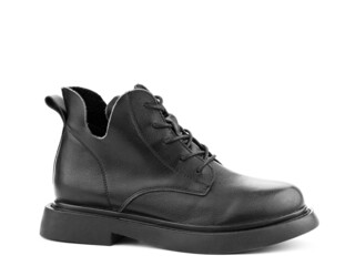 Women's autumn black leather jodhpur boots with laces and average heels, isolated white background. Right side view. Fashion shoes.