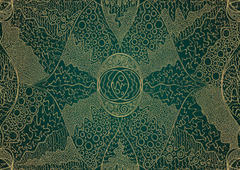 Hand-drawn unique abstract gold ornament on a dark green cold background, with vignette of darker background color and splatters of golden glitter. Paper texture. Digital artwork, A4. (pattern: p05a)