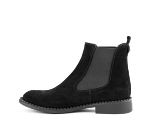Women's autumn chelses black suede boots isolated white background. Left side view. Fashion shoes. Photoshoot for shoe shop concept.