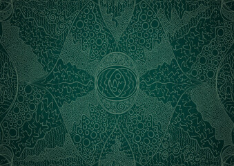 Hand-drawn unique abstract symmetrical seamless ornament. Bright green on a deep cold green with vignette of a darker background color. Paper texture. Digital artwork, A4. (pattern: p05a)