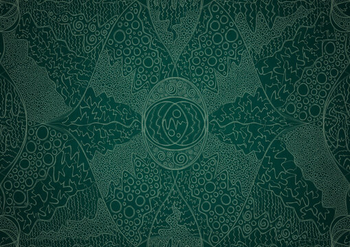 Hand-drawn unique abstract symmetrical seamless ornament. Bright green on a deep cold green with vignette of a darker background color. Paper texture. Digital artwork, A4. (pattern: p05a)