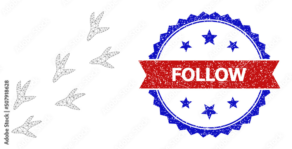 Poster net bird steps polygonal carcass icon, and bicolor grunge follow seal stamp. red seal has follow tit