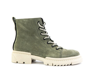 Green suede boots with white laces and zipper on the side. Elasticated side details and white...