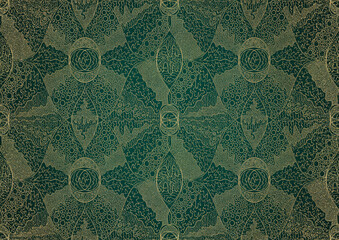 Hand-drawn unique abstract gold ornament on a dark green cold background, with vignette of darker background color and splatters of golden glitter. Paper texture. Digital artwork, A4. (pattern: p05b)