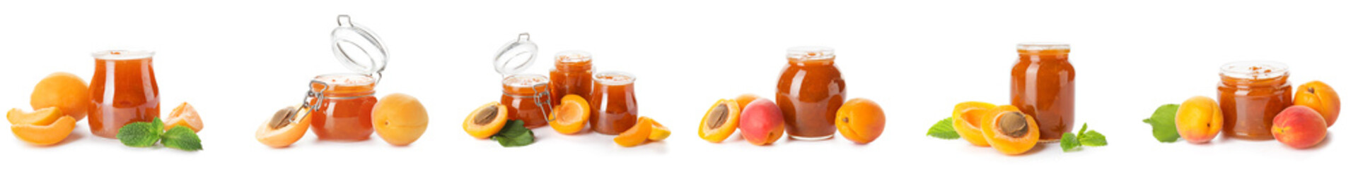 Set of sweet tasty apricot jam isolated on white