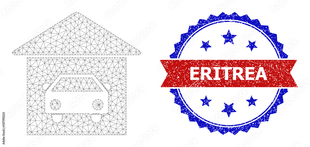 Poster network car garage polygonal framework icon, and bicolor scratched eritrea seal stamp. red seal incl