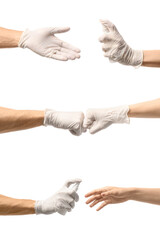 Set of hands in medical gloves on white background