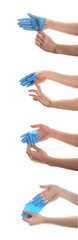 Set of hands taking off medical gloves on white background