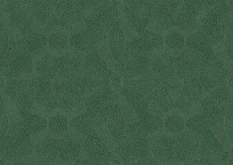 Hand-drawn unique abstract symmetrical seamless ornament. Bright semi transparent green on a deep warm green background. Paper texture. Digital artwork, A4. (pattern: p05b)