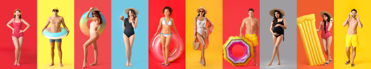 Group of young people in stylish swimwear, with inflatable rings and mattress on color background