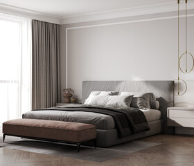 Classic beige bedroom interior with grey buttoned bed and luxury lamps and a pouf, 3d rendering