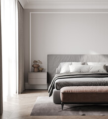 modern bedroom interior in gray tones with pink pouf, bedroom mock up, 3d rendering
