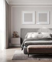 blank two frames mock up in modern bedroom interior in beige tones, 3d rendering