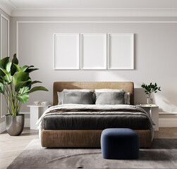 empty poster frames in scandinavian style bedroom interior, home interior, 3d rendering