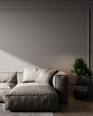 Modern dark living room interior design with gray sofa, 3d rendering