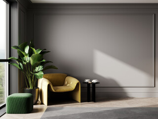 Gray interior with yellow lounge chair, green pouf and a vase with plant, 3d rendering - obrazy, fototapety, plakaty
