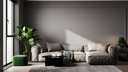 Minimalistic living room interior mock up with gray sofa, plant, coffee table, parquet floor, luxury, scandinavian style interior, 3d rendering