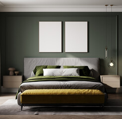 Mock up poster in bedroom interior, modern style, 3d render