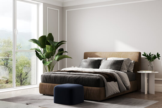 Home interior mock-up background, light beige bedroom with palm and blue pouf, 3d render