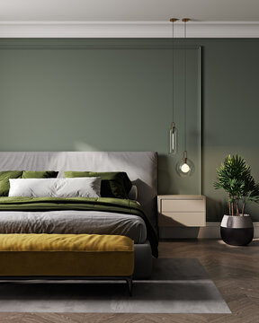 Green bedroom with gray bed on the wall in home bedroom interior.