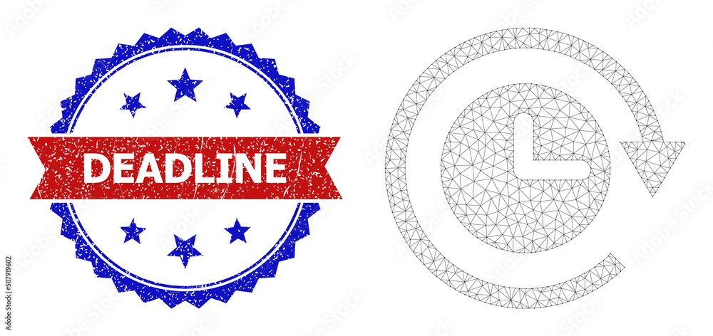 Poster mesh clockwise rotation polygonal frame icon, and bicolor rubber deadline stamp. red badge contains 