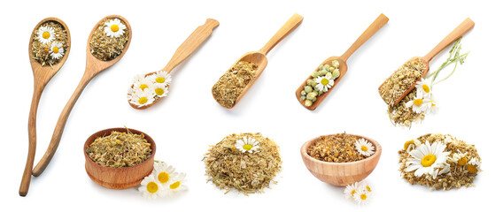 Set of healthy dry chamomile flowers isolated on white