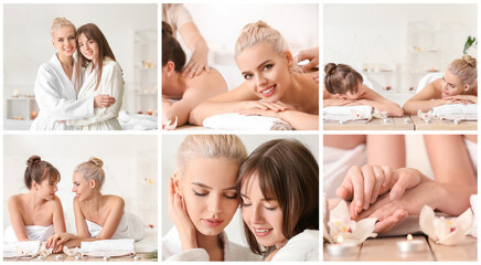 Collage with young lesbian couple relaxing in spa salon