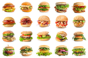 Set of many different tasty burgers isolated on white