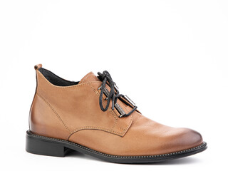 Men's autumn brown leather jodhpur boots with laces and average heels, isolated white background. Right side view. Fashion shoes.