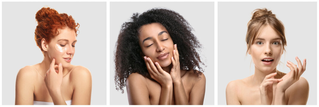 Collage With Beautiful Young Women Taking Care Of Their Skin On Light Background