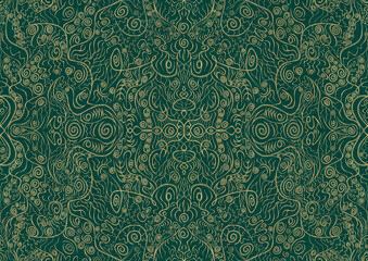 Hand-drawn unique abstract symmetrical seamless gold ornament on a dark cold green background. Paper texture. Digital artwork, A4. (pattern: p06a)