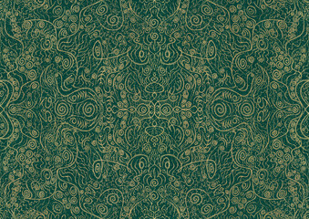 Hand-drawn unique abstract symmetrical seamless gold ornament and splatters of golden glitter on a dark cold green background. Paper texture. Digital artwork, A4. (pattern: p06a)