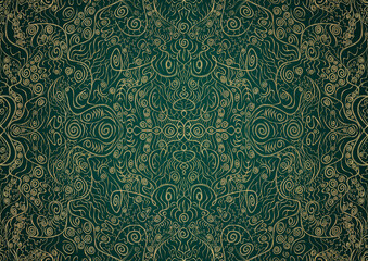 Hand-drawn unique abstract gold ornament on a dark green cold background, with vignette of darker background color. Paper texture. Digital artwork, A4. (pattern: p06a)