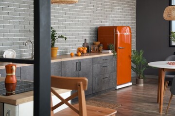 Interior of modern kitchen with stylish refrigerator