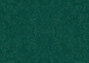 Hand-drawn unique abstract symmetrical seamless ornament. Bright semi transparent green on a deep cold green background. Paper texture. Digital artwork, A4. (pattern: p06a)