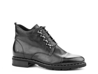 Men's autumn black leather jodhpur boots with laces and average heels, isolated white background. Right side view. Fashion shoes.